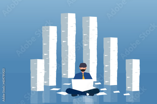 Business concept document and overworked vector illustration of employee working with documents on background of large stack of papers.