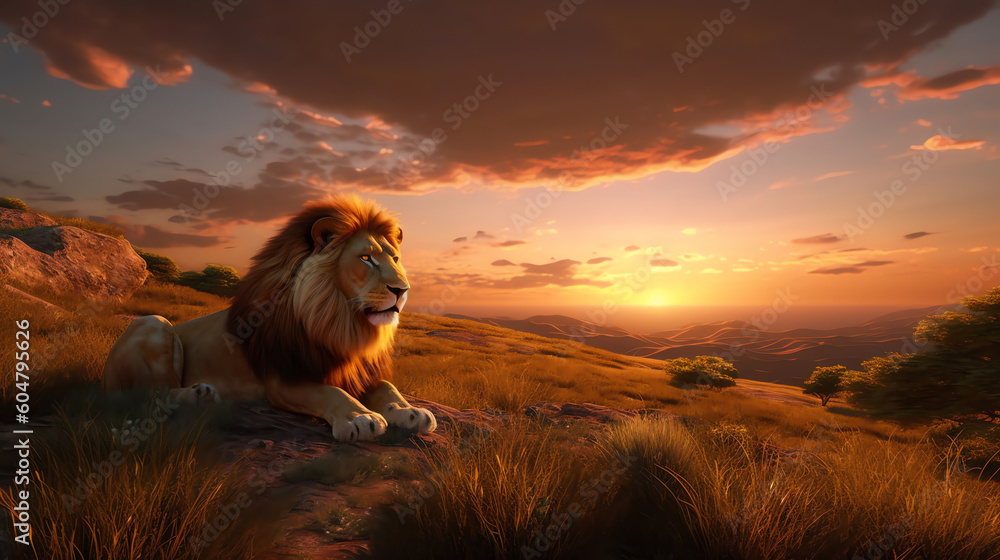 Obraz premium AI Generated: Captivating Sunset Backdrop with a Majestic Lion. Rich and Vibrant Warm Hues Illuminate the Regal Aura. Breathtaking Composition. Generative AI.