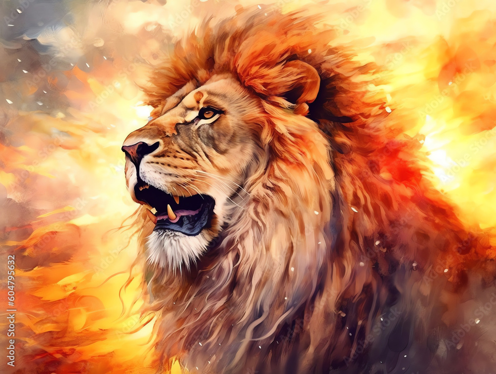 AI Generated: Majestic Lion in Hyper-Realistic Watercolor Artwork. Dramatic Sunset Setting with Intricate Details. Fluidity and Vibrancy in the Lion's Mane. Captivating Wildlife Art. Generative AI.
