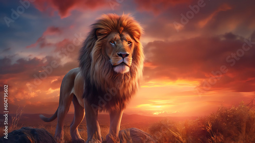 AI Generated: Captivating Sunset Backdrop with a Majestic Lion. Rich and Vibrant Warm Hues Illuminate the Regal Aura. Breathtaking Composition. Generative AI.