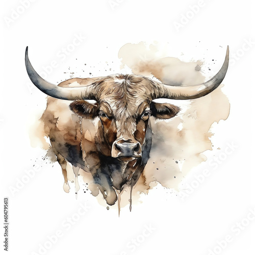 AI Generated: Hyper-Realistic Watercolor Artwork of a Powerful Bull - Capturing Strength, Determination, and Majestic Presence in a Rustic Farm Setting. Generative AI.