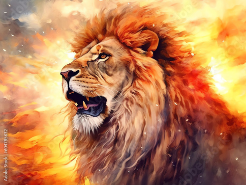 AI Generated: Majestic Lion in Hyper-Realistic Watercolor Artwork. Dramatic Sunset Setting with Intricate Details. Fluidity and Vibrancy in the Lion's Mane. Captivating Wildlife Art. Generative AI. © Generative AI