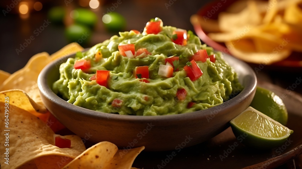 AI Generated: Bowl of Freshly Made Guacamole, Vibrant Green with Creamy Texture. Surrounding it are Tortilla Chips, Lime Wedges, and Colorful Diced Tomatoes and Onions. Capturing the Freshness.