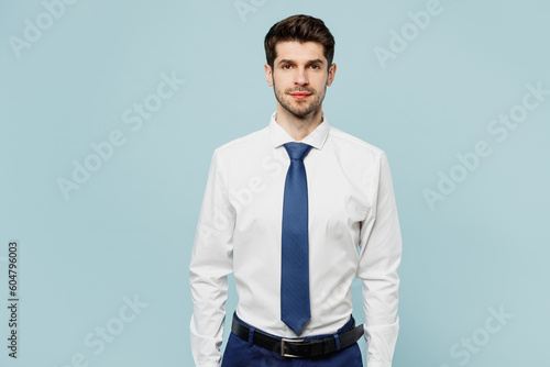 Принти на полотні Young serious calm caucasian successful employee business man corporate lawyer wear classic formal shirt tie work in office look camera isolated on plain pastel light blue background studio portrait
