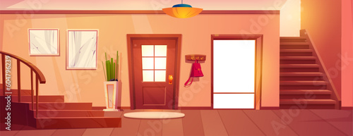 House hallway interior design with stairs. Vector cartoon illustration of large light hall, entrance door, window, staircase, floor mat, framed abstract pictures on wall. Cozy home, luxury apartment