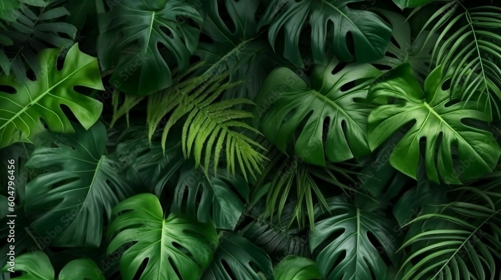 Fototapeta premium Group background of dark green tropical leaves ( monstera, palm, coconut leaf, fern, palm leaf,bananaleaf) Panorama background. concept of nature generative ai variation 1