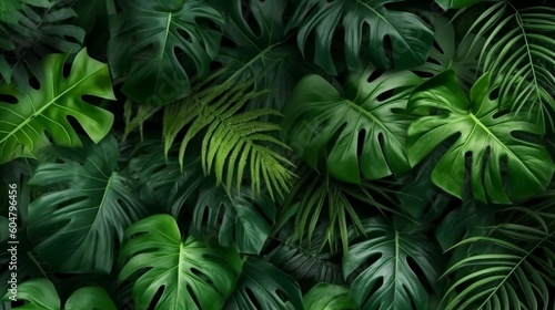 Group background of dark green tropical leaves ( monstera, palm, coconut leaf, fern, palm leaf,bananaleaf) Panorama background. concept of nature generative ai variation 1