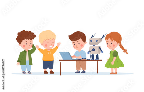 Kids making robot together  science for children - flat vector illustration isolated on white background.