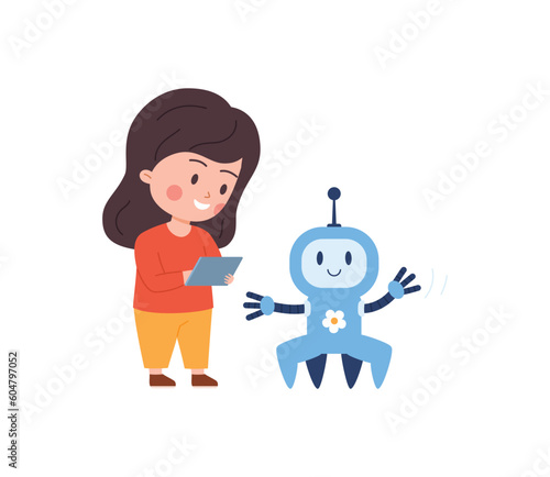 Little girl programming cute robot with tablet, cartoon flat vector illustration isolated on white background.