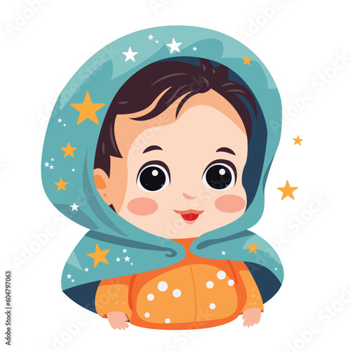 A cartoon baby with a blue scarf and a smile on her face.