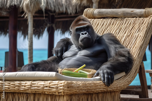 The image of a gorilla sitting in a beach lounger and enjoying the sun.