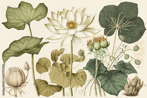 White Lotus Flowers Isolated, Water Lily, Tropical Lake Plant Drawing Imitation, Abstract Generative AI Illustration