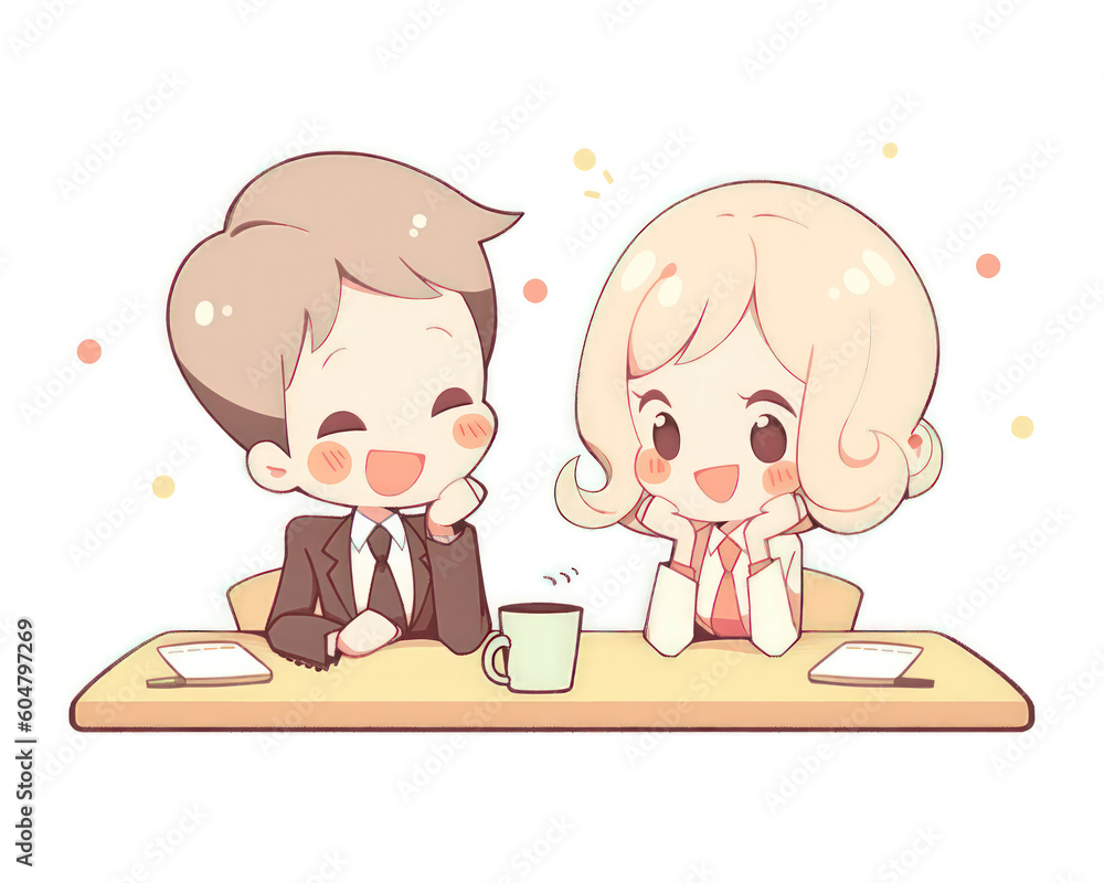 Businessman and businesswoman sitting at the table. Vector illustration