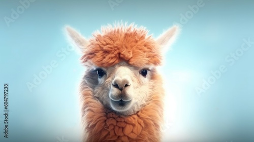 Head of furry alpaca looking lateral with copy space for advertisement. Space background for banner text. Generative AI © Kanisorn