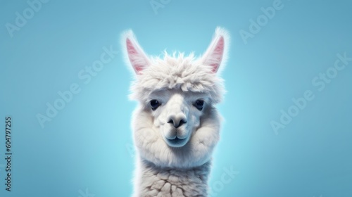 Head of furry alpaca looking lateral with copy space for advertisement. Space background for banner text. Generative AI