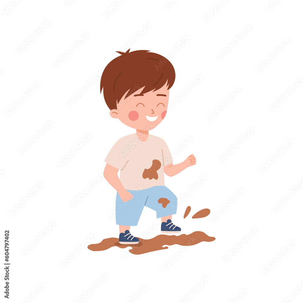 Happy little kid playing in mud, cartoon flat vector illustration isolated on white background.