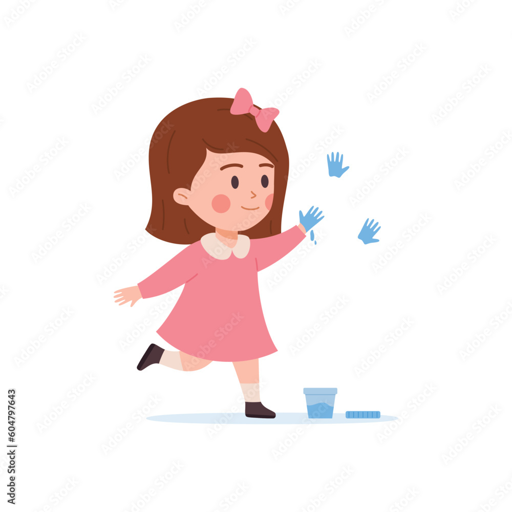 Cute girl playing with water leaving handprints on the wall, flat vector illustration isolated on white background. Cute girl playing with water leaving handprints on the wall, flat vector illustration isolated on white background.