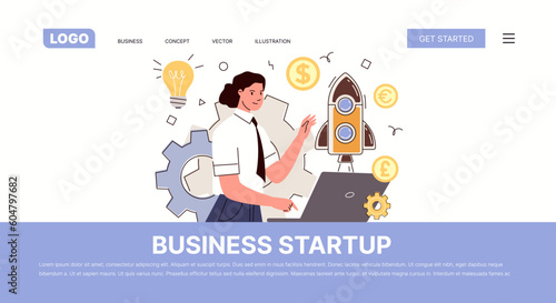 Business startup. Entrepreneur launches new project, analyzes growth and success of his company. Website, template, landing page. Vector characters flat cartoon illustration.