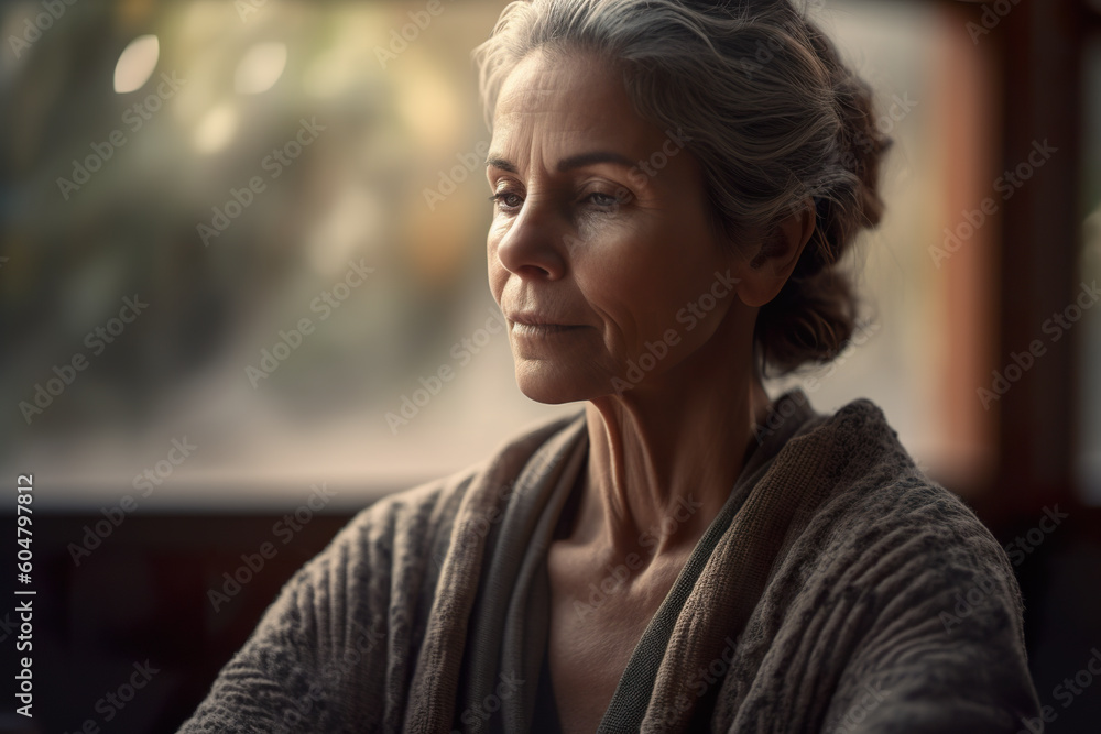 A woman sitting in front of a window with her eyes closed. Generative AI. Mature woman meditating. A woman sitting in front of a window with her eyes closed. Generative AI. Mature woman meditating.