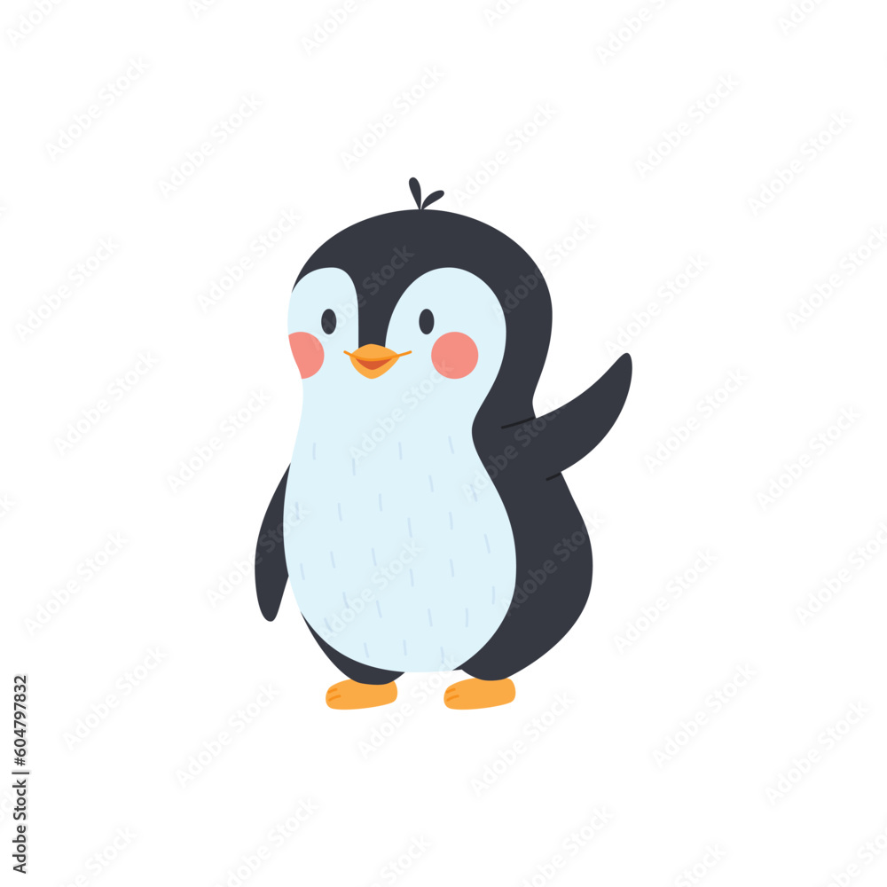 Fototapeta premium Adorable baby penguin with greeting gesture flat vector illustration isolated.