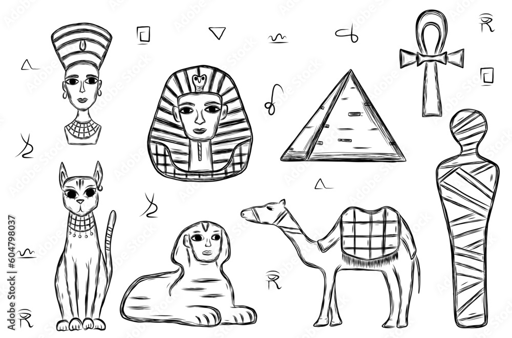Egyptian set with Pharaoh and Cleopatra in hand drawn doodle style Egyptian set with Pharaoh and Cleopatra in hand drawn doodle style