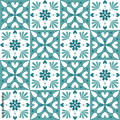 Decorative ceramic tile mosaic square shape, trendy green mint white pastel color and ornate arabic pattern, vintage vector illustration