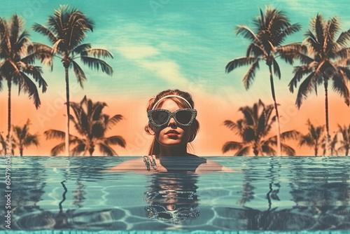 Young woman wearing big sunglasses and swimming in pool. Tropical travel vacation palm trees and blue sky. Generative AI © LiliGraphie