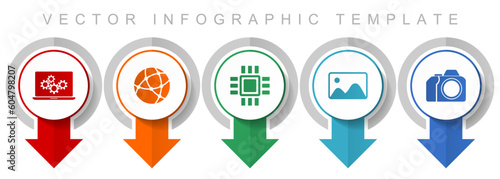 Computer and technology icon set, miscellaneous pointer icons such as laptop, network, chip, image and photo camera for webdesign and mobile applications, modern design infographic vector template