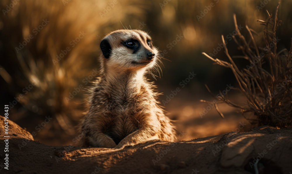 Fototapeta premium photo of meerkat in tall grass at sunset. Generative AI