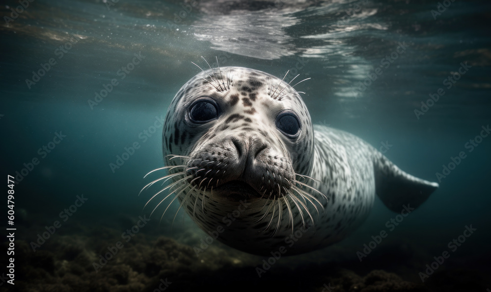 Fototapeta premium Photo of leopard seal, captured as it swims gracefully through the icy waters of Antarctica. Generative AI