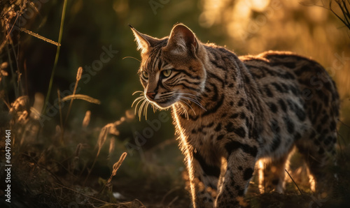 photo of marbled cat in tall grass at sunset. Generative AI