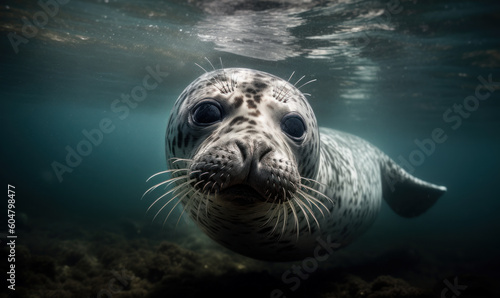 Photo of leopard seal, captured as it swims gracefully through the icy waters of Antarctica. Generative AI © Bartek