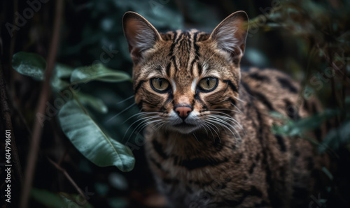 Photo of leopard cat, a striking portrait showcasing its fierce gaze and agile movements, captured in the wild amidst lush foliage and rocky terrain. Generative AI © Bartek