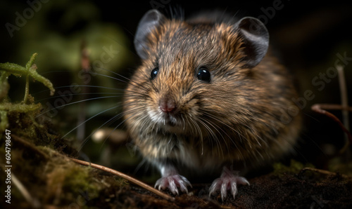 closeup photo of meadow vole on green blurry natural background of its natural habitat. Generative AI © Bartek