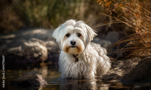photo of Maltese dog standing in a forest river. Generative AI