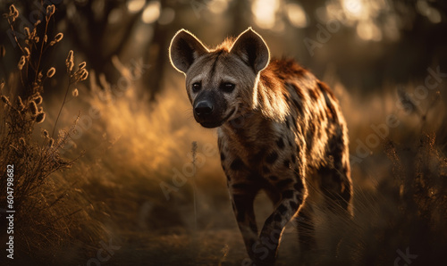 Photo of laughing hyena in its natural habitat, composition showcases the hyena's distinctive markings, powerful jaws, and piercing gaze. Generative AI photo
