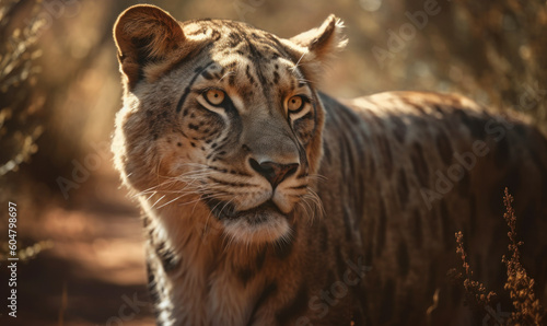 Photo of liger (hybrid of lion and tiger) majestically prowling through the sun-dappled savannah, the powerful feline's muscular build and striking markings are accentuated. Generative AI © Bartek