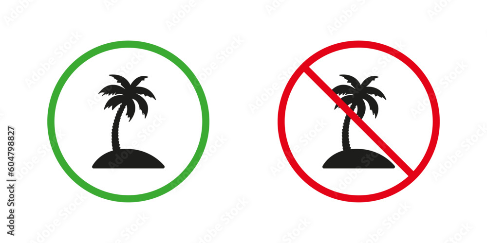 Palm Tree Oil Red and Green Warning Signs. Only Natural Organic Food Ingredient Silhouette Icons Set. Palm Oil Allowed and Prohibited Pictogram. Palm Fat Symbol. Isolated Vector Illustration