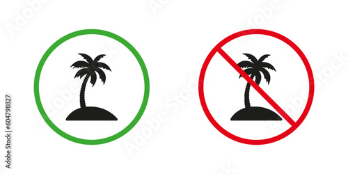 Palm Tree Oil Red and Green Warning Signs. Only Natural Organic Food Ingredient Silhouette Icons Set. Palm Oil Allowed and Prohibited Pictogram. Palm Fat Symbol. Isolated Vector Illustration