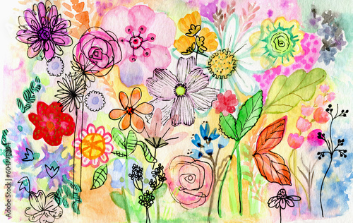 Photos Sfondo floreale giardino, miscuglio di fiori colorati, illustrazione ad acquerel