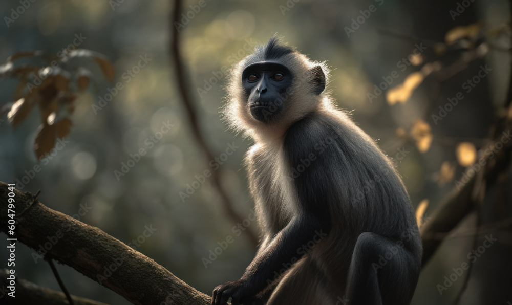 Fototapeta premium Majestic Langur in the Heart of the Jungle: Photo of langur, perched on a branch in a dense forest, image showcases the primate's agile movements, striking features, and natural habitat. Generative AI