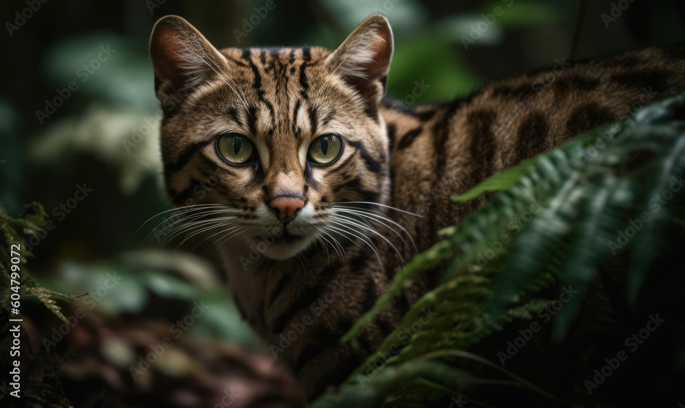 Photo of leopard cat, a striking portrait showcasing its fierce gaze and agile movements, captured in the wild amidst lush foliage and rocky terrain. Generative AI