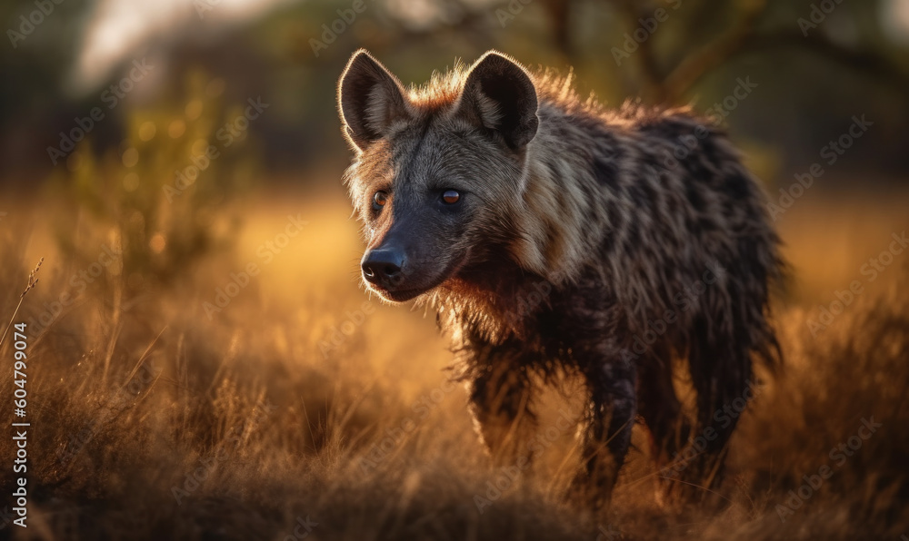 photo of laughing hyena in tall grass at sunset. Generative AI photo of laughing hyena in tall grass at sunset. Generative AI