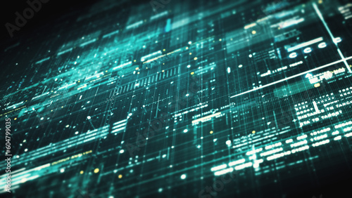 Advance data matrix, telemetry and encrypt numbers simulation user interface display in cyber space abstract de-focus environment background