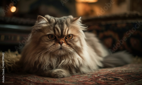 Photo of Persian cat, poised regally atop a plush cushion, surrounded by ornate Persian rugs and delicately carved furniture. The feline’s luxurious fur glistens in the soft light. Generative AI