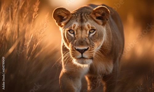 photo of lion in tall grass at sunset. Generative AI