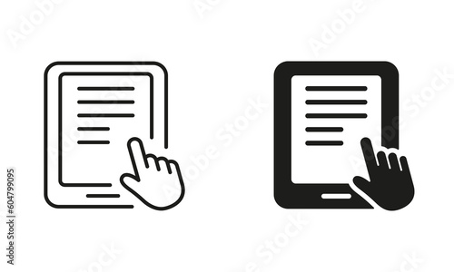 Ebook With Mouse Pointer Silhouette and Line Icon Set. Electronic Book Device for Education and Learning. E-Book Reader, E-reader Black Sign Collection. PC Tablet. Isolated Vector Illustration