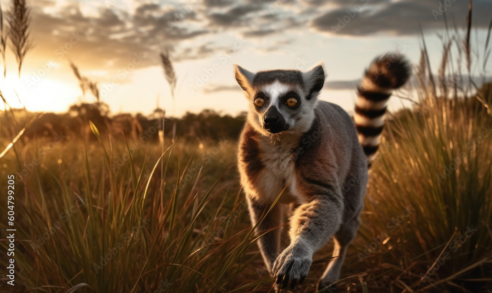 photo of lemur running in tall grass at sunset. Generative AI