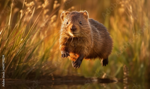 photo of mink (mammal) jumping in tall grass at sunset. Generative AI