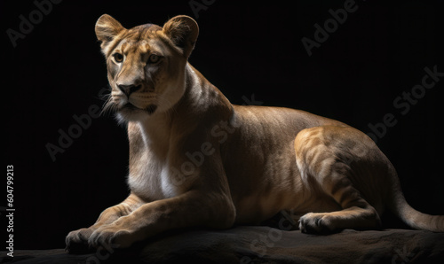 photo of liger (hybrid of lion and tiger) on black background. Generative AI